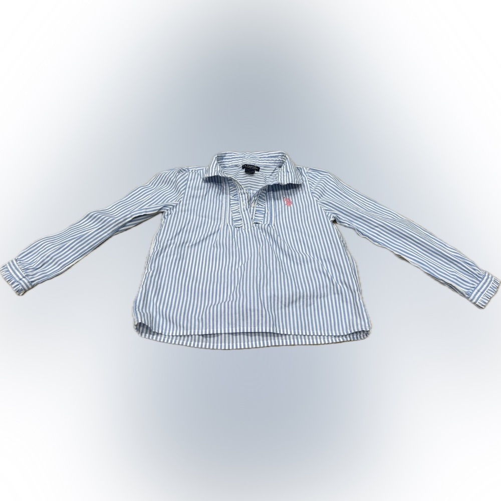 U.S. Polo Assn Blue White Striped Popover Shirt Logo Kids Cotton